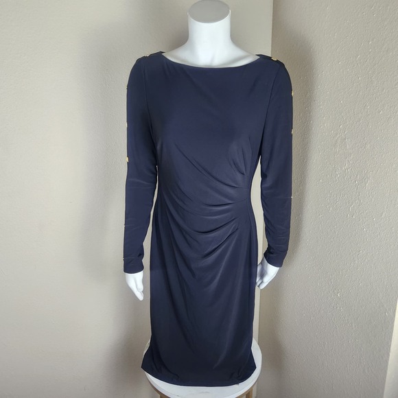 Lauren Ralph Lauren Long Sleeve Knee Length Button Trim Matte Dress, Size 8 - Picture 1 of 9